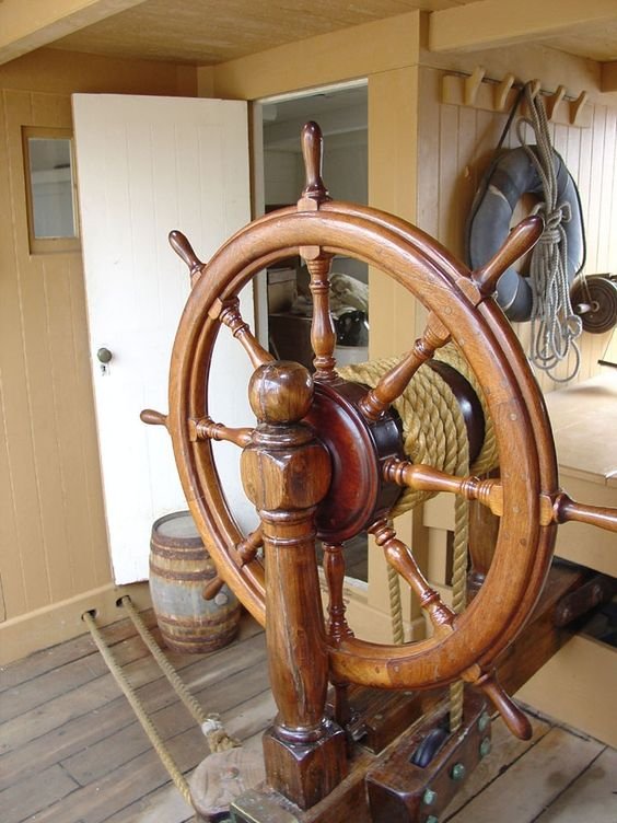 Wooden ship's wheel on a stand
